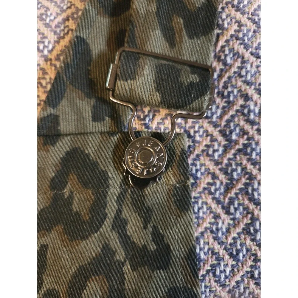 Umgee Olive Green Leopard Print Coverall Denim Dress juniors knee/mini M